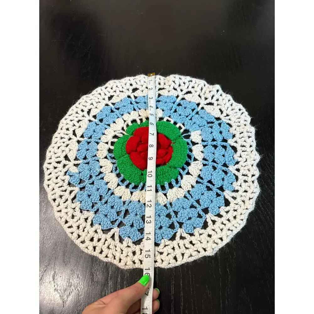 Vintage Crochet- Large Cottagecore Doily table covering White Blue Red rose- 16